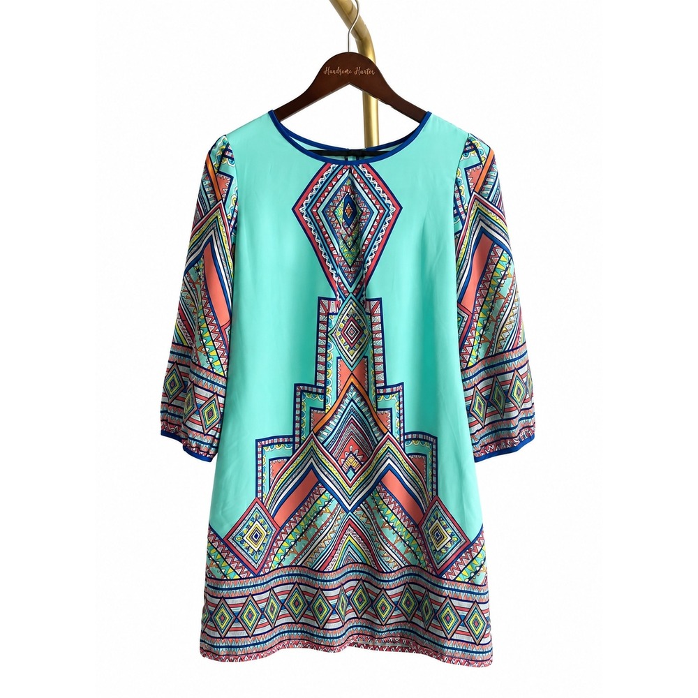 Pink Owl Geometric Tribal Shift Dress Womens Medium Turquoise EUC Boho Mini